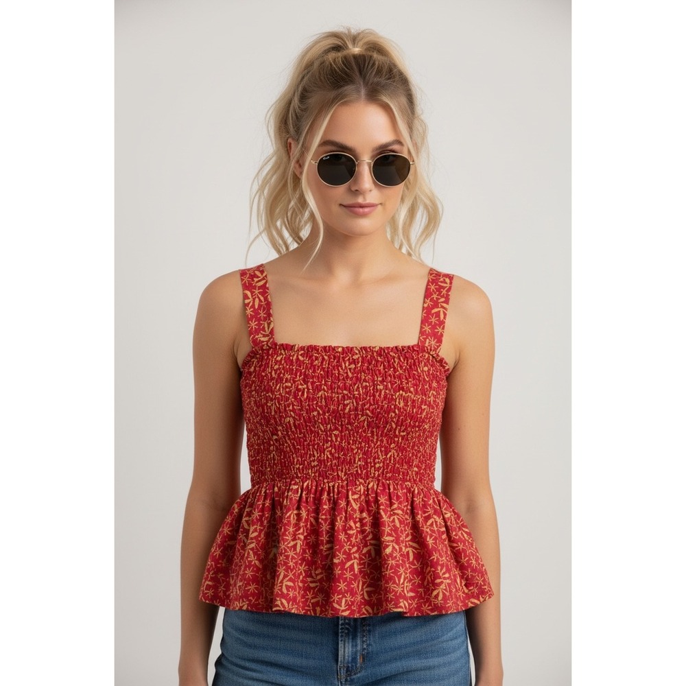 Rose + Olive Red Floral Smocked Peplum Top Size Large Sleeveless Square Neck